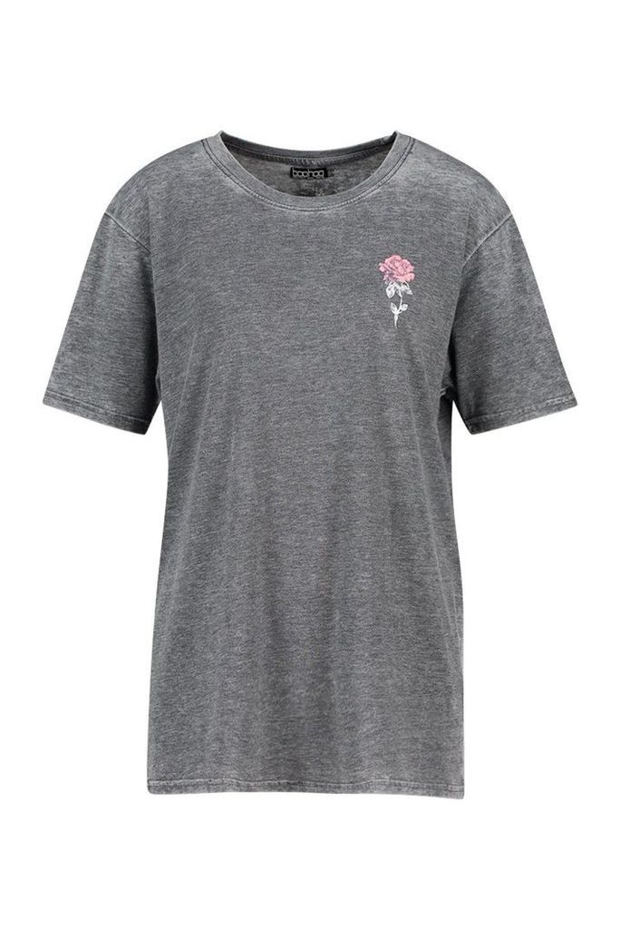 Womens Acid Wash Pocket Rose Print T-Shirt - Grey - Xl, Grey