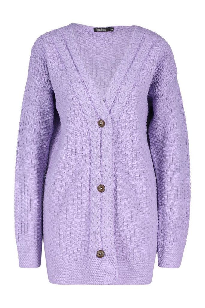 Womens Button Through Cable Knit Cardigan - purple - M, Purple