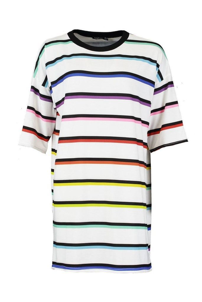 Womens Stripe Rainbow T-Shirt Dress - white - 10, White