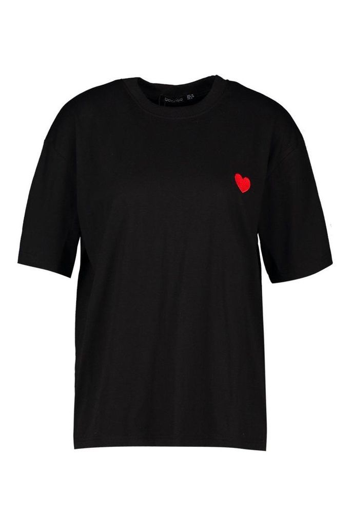 Womens Heart Embroidered T-Shirt - black - 6, Black