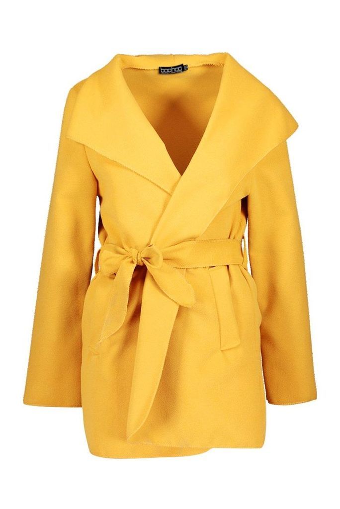 Womens Short Belted Waterfall Coat - yellow - One Size, Yellow