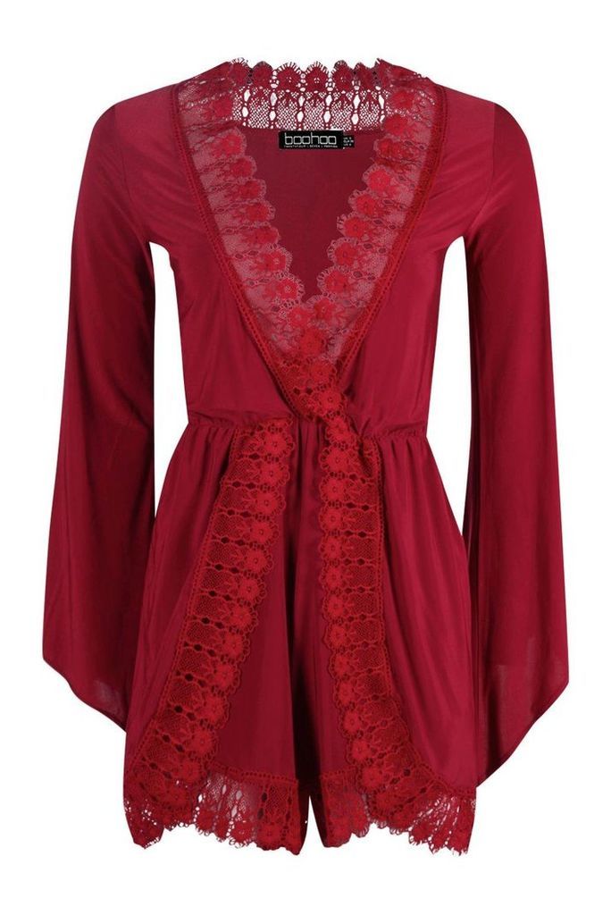 Womens Crochet Trim Oversized Playsuit - Red - 8, Red