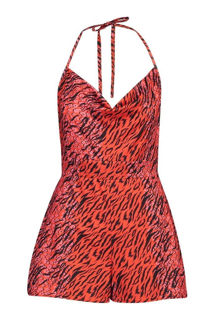 Womens Cowl Front Tiger Print Playsuit - Pink - 16, Pink