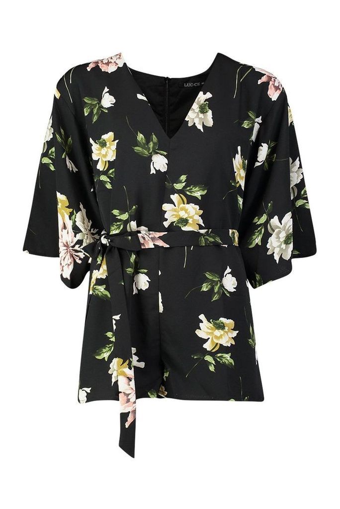 Womens Floral Kimono Sleeve Playsuit - black - M, Black