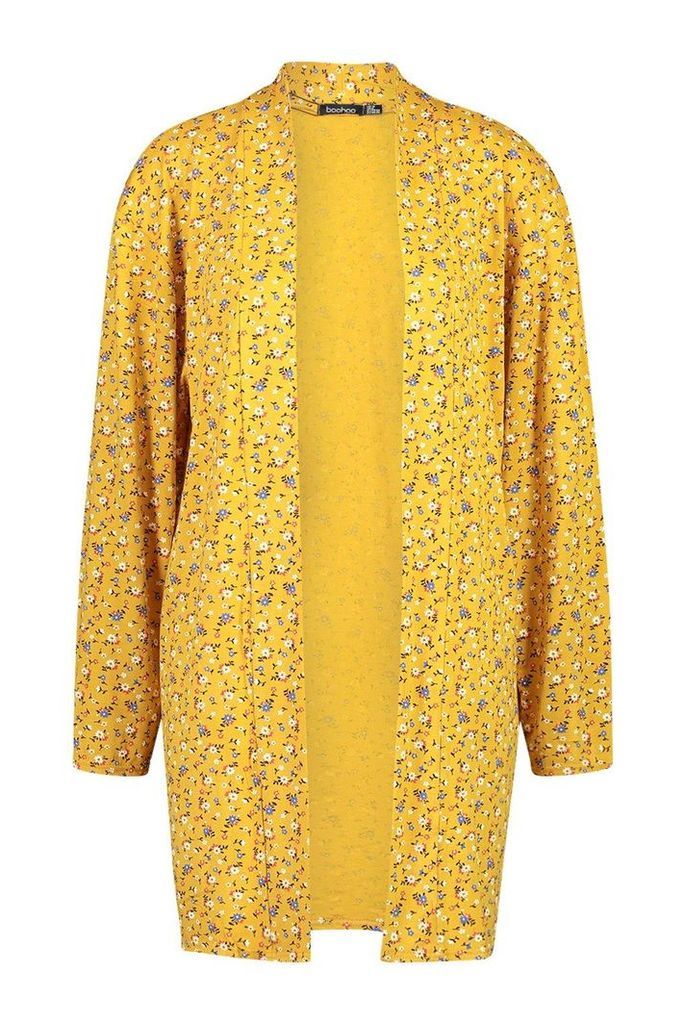 Womens Ditzy Floral Print Kimono - yellow - S, Yellow