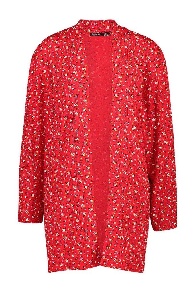 Womens Ditzy Floral Print Kimono - red - S, Red