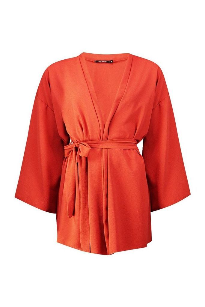 Womens Belted Crepe Kimono - orange - S, Orange