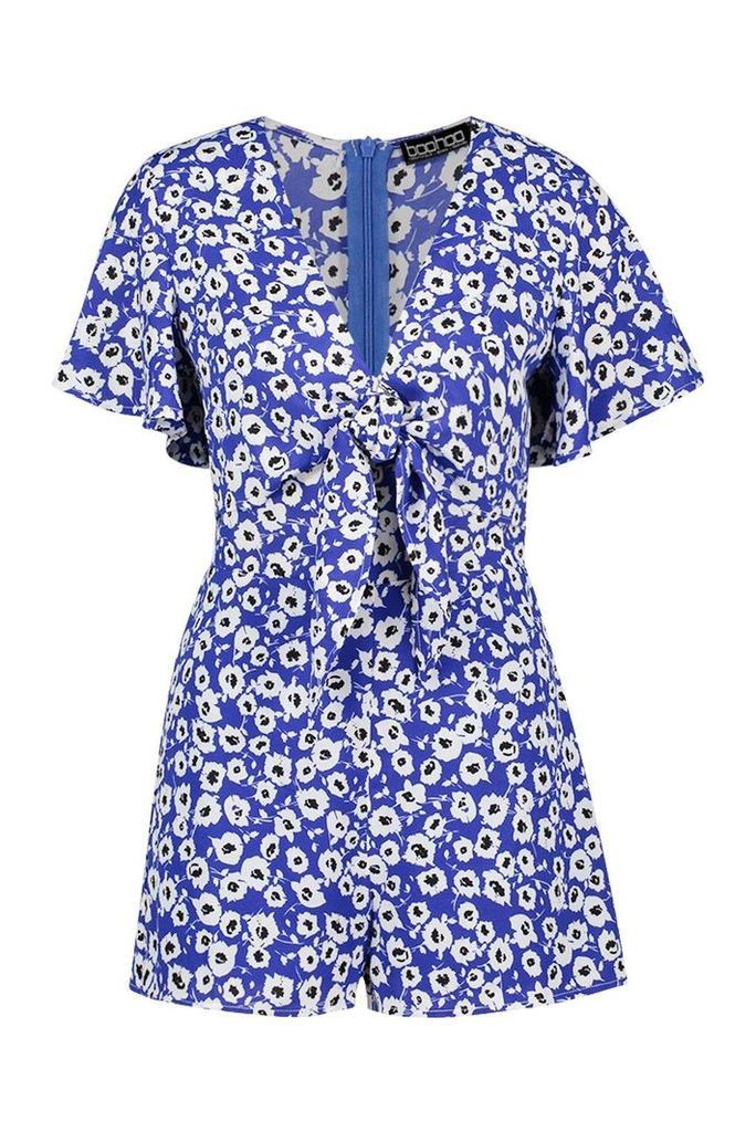Womens Daisy Print Knot Front Playsuit - blue - M, Blue