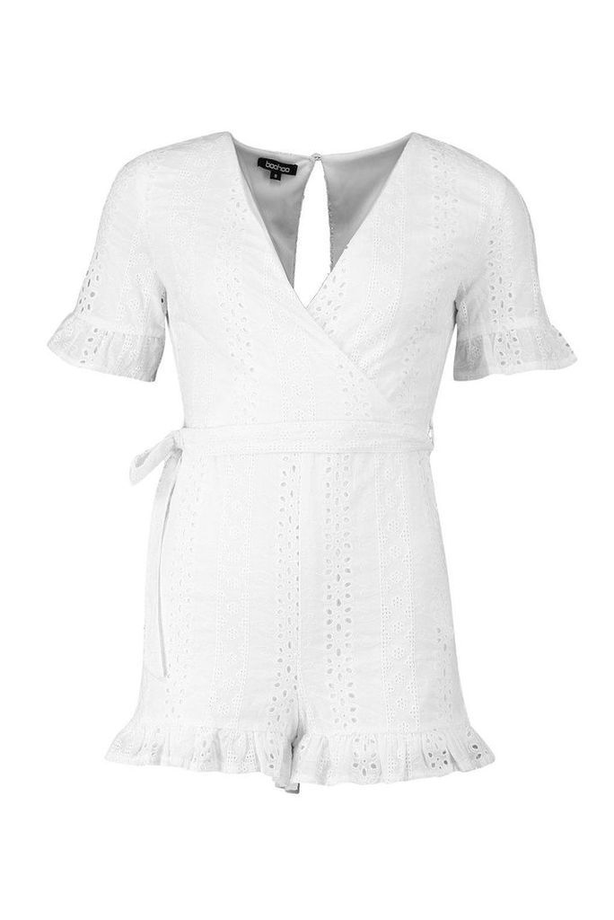 Womens Broderie Anglais Wrap Playsuit - white - 10, White