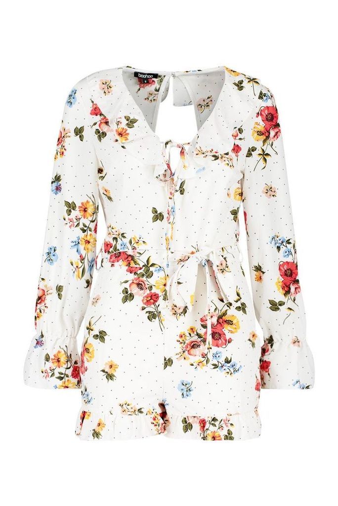 Womens Floral Tie Front Playsuit - white - 14, White