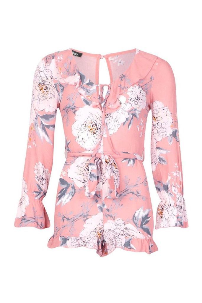 Womens Ruffle Floral Playsuit - pink - 16, Pink