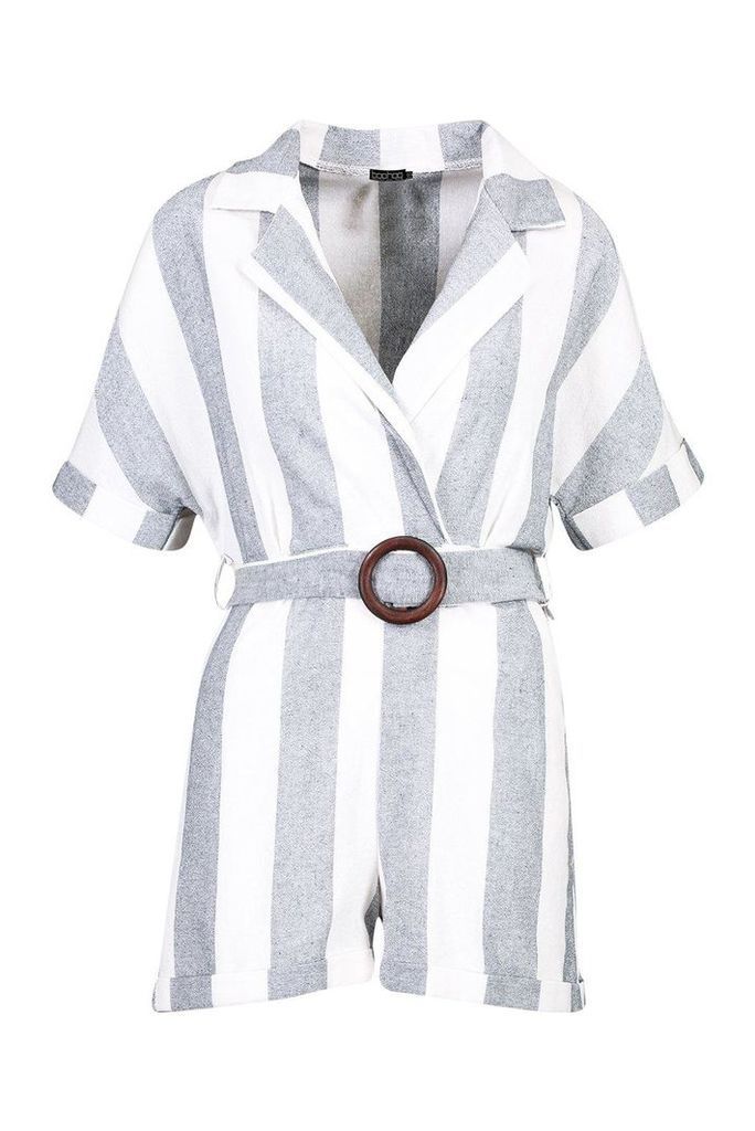 Womens Linen Stripe Tailored Belted Playsuit - blue - 12, Blue