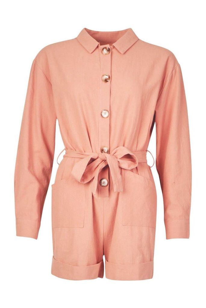 Womens Button Through Shirt Utility Playsuit - pink - 10, Pink