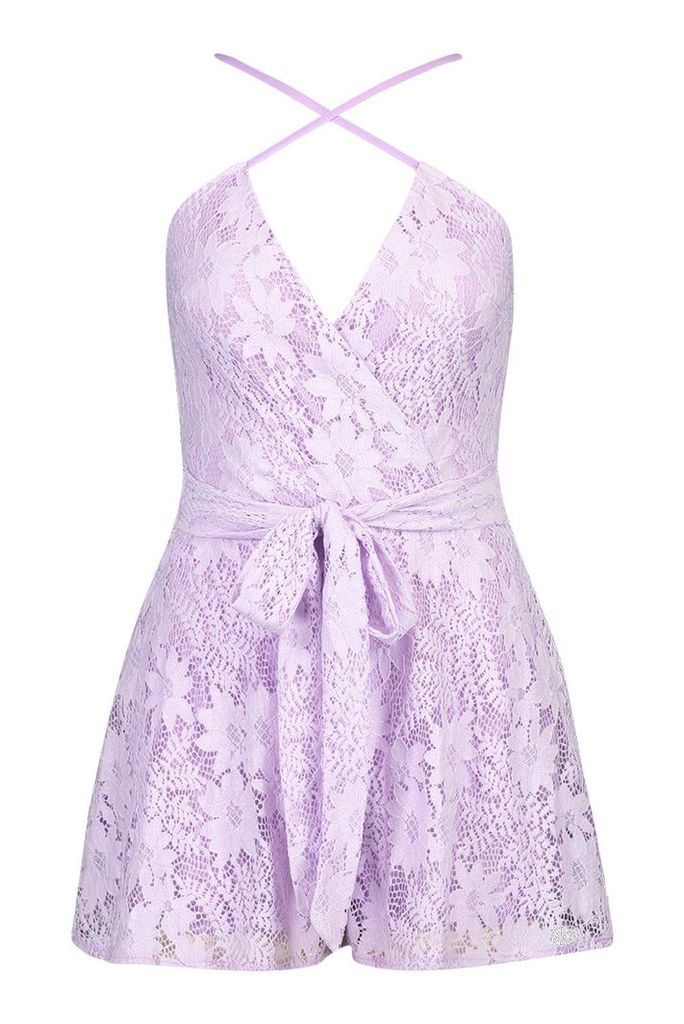 Womens Lace Wrap Front Belted Playsuit - purple - 14, Purple