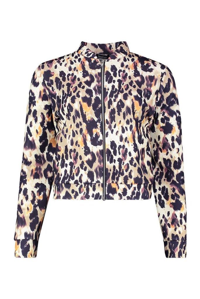 Womens Leopard Print Bomber Jacket - beige - 8, Beige