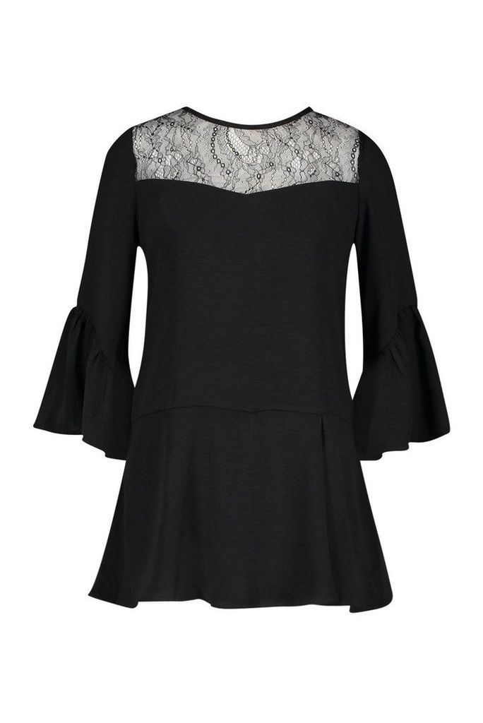 Womens Lace Panel Flare Sleeve Playsuit - black - S, Black