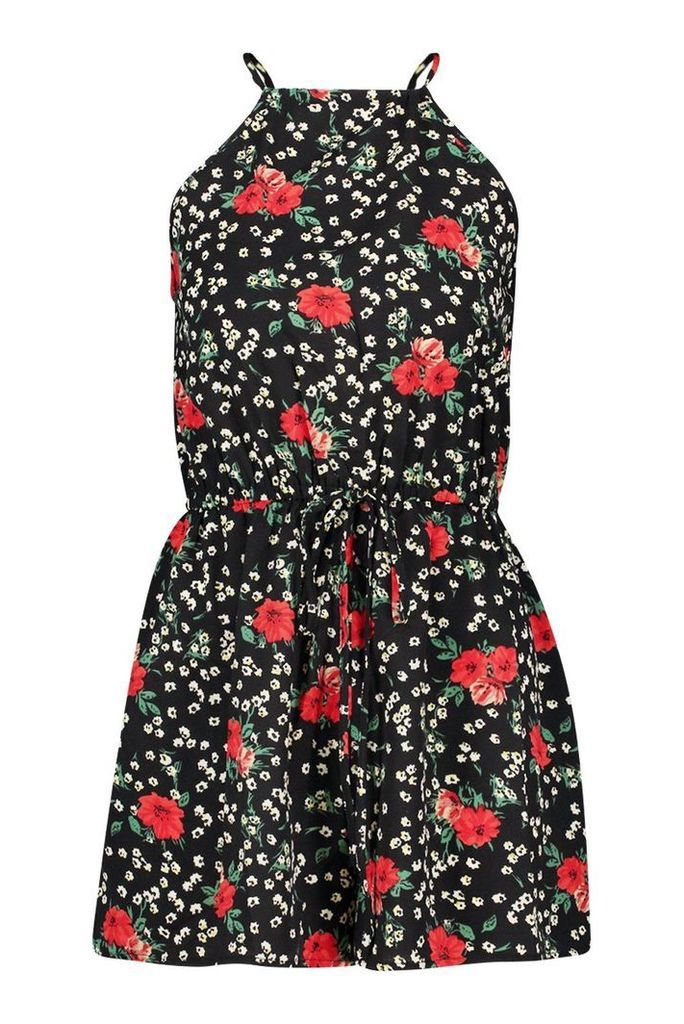 Womens Floral Strappy Playsuit - black - 14, Black