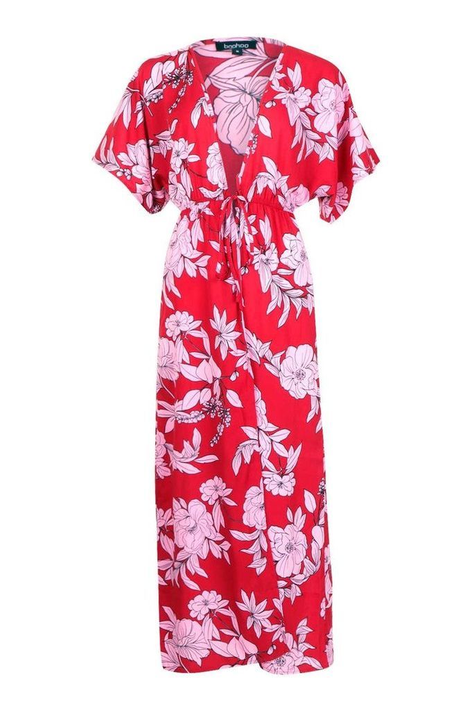 Womens Oversized Floral Maxi Kimono - red - S, Red