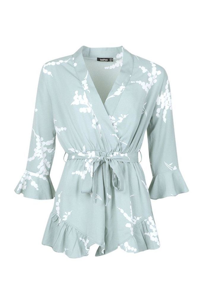 Womens Floral Ruffle Wrap Playsuit - Green - 14, Green