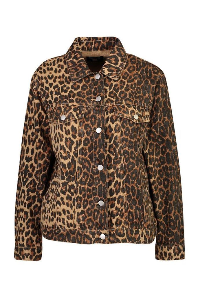 Womens Leopard Oversized Denim Jacket - brown - 8, Brown