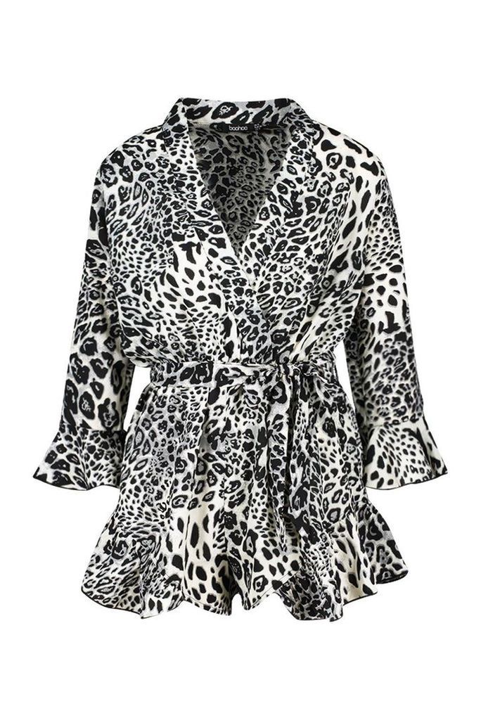 Womens Leopard Mix Print Ruffle Wrap Playsuit - Black - 14, Black