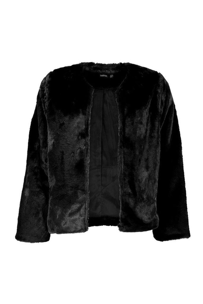 Womens Collarless Faux Fur Coat - Black - 10, Black