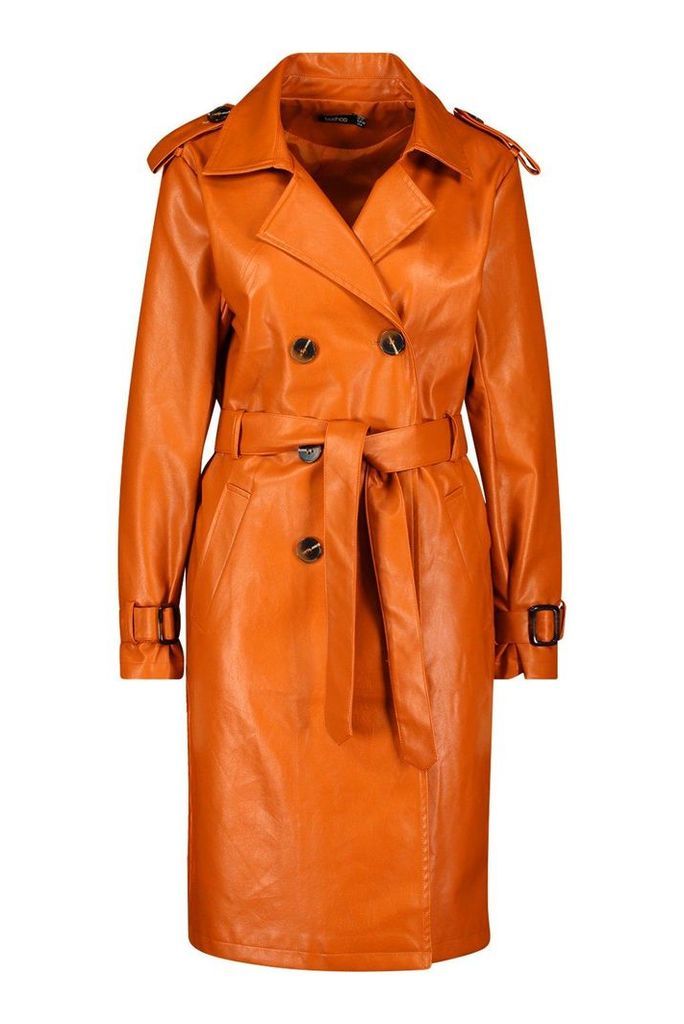 Womens Faux Leather Trench Coat - orange - 12, Orange