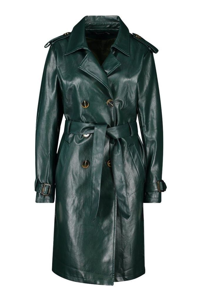 Womens Faux Leather Trench Coat - green - 12, Green