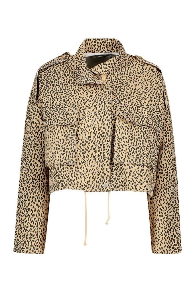 Womens Leopard Print Utility Jacket - beige - 10, Beige