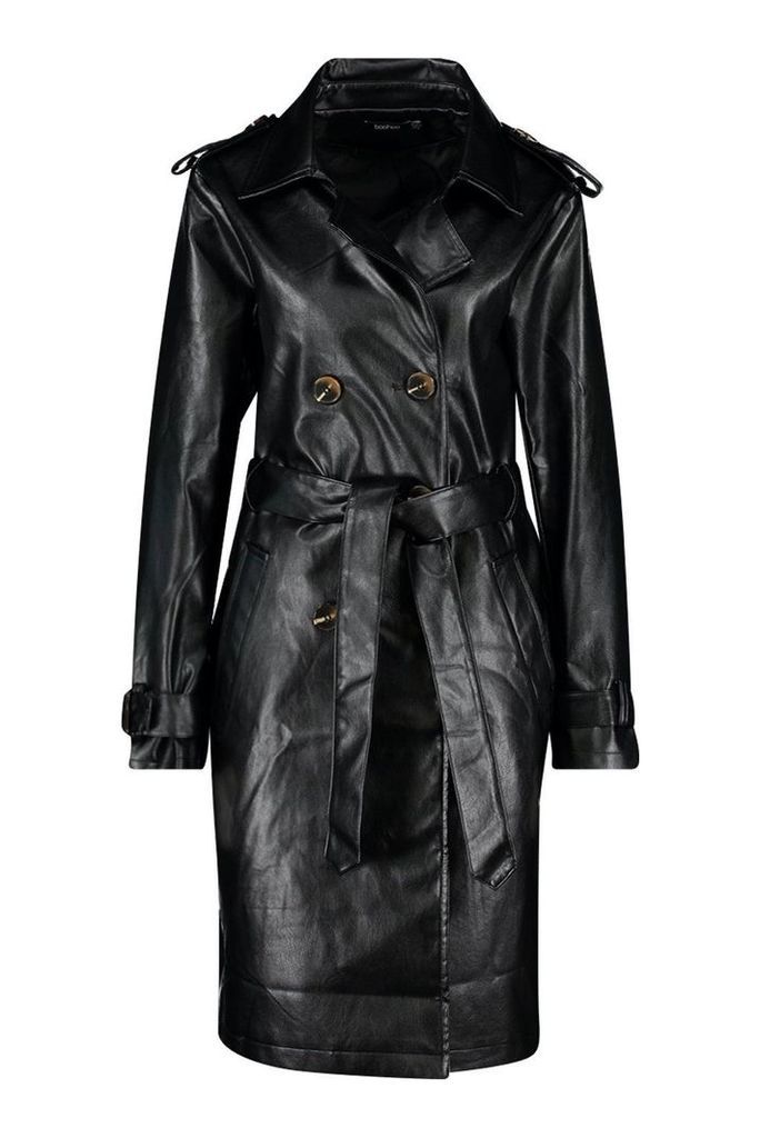 Womens Faux Leather Trench Coat - black - 14, Black