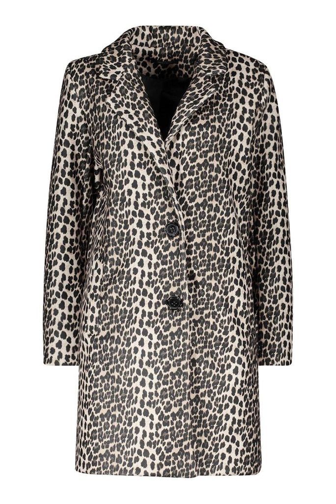 Womens Leopard Wool Look Coat - beige - 8, Beige