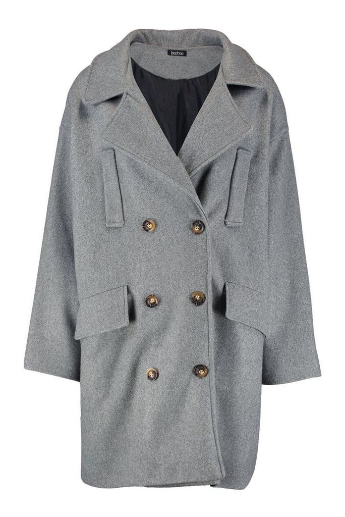 Womens Double Breasted Pocket Detail Wool Look Coat - grey - 10, Grey