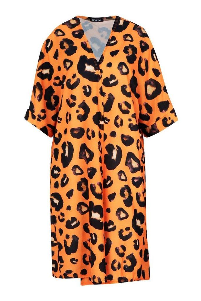 Womens Leopard Print Midi Kimono - orange - M/L, Orange