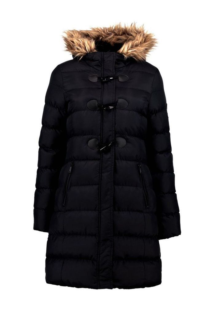 Womens Quilted Faux Fur Hood Parka - Black - 10, Black