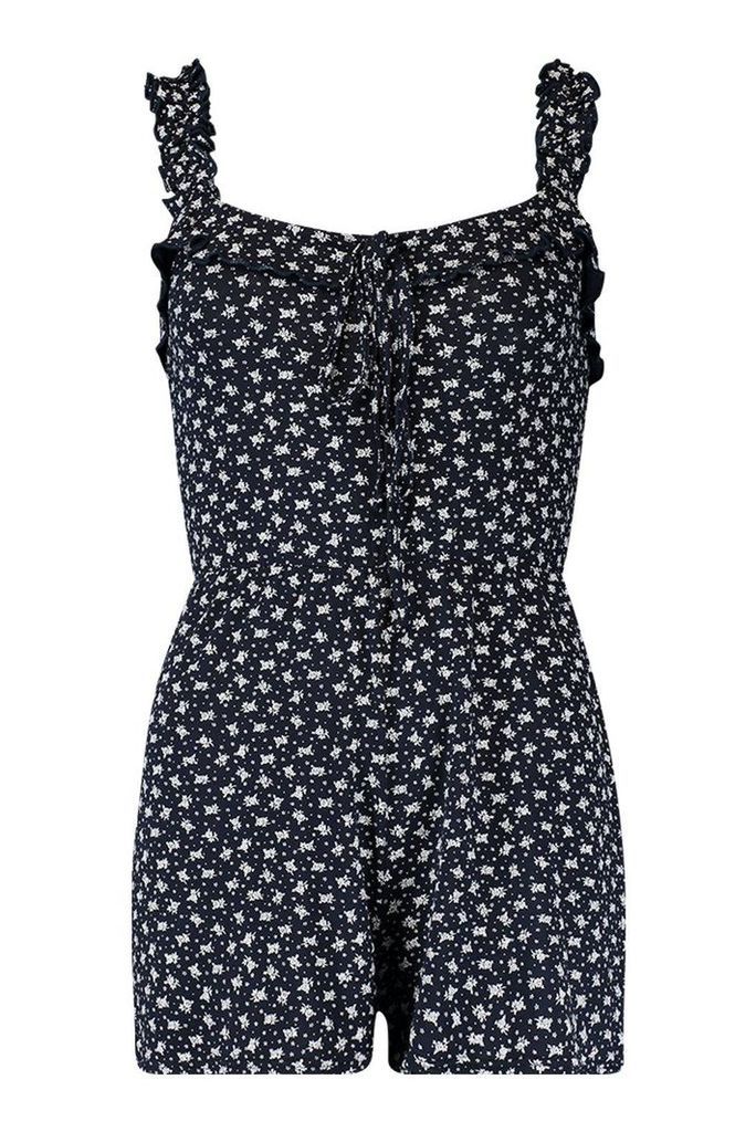 Womens Ditsy Floral Frill Playsuit - navy - 12, Navy