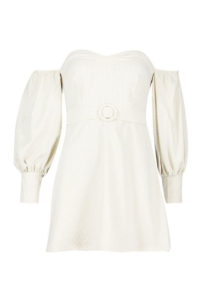 Womens Sweetheart Neckline Button Detail Belted Dress - cream - 12, Cream