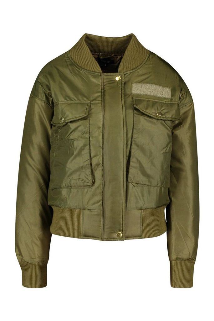 Womens Pocket Detail Bomber Jacket - green - 10, Green