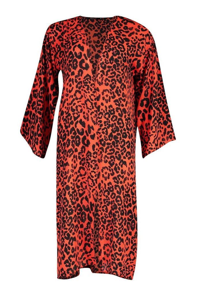 Womens Leopard Print Wide Sleeve Kimono - red - S/M, Red