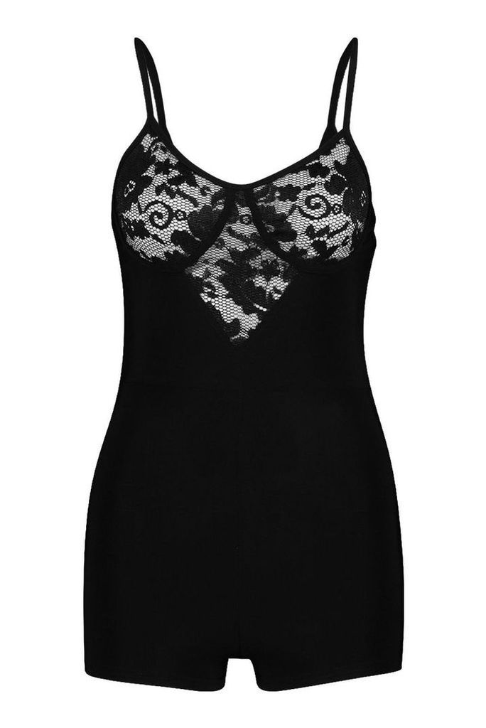 Womens Lace Insert Cupped Playsuit - black - 10, Black