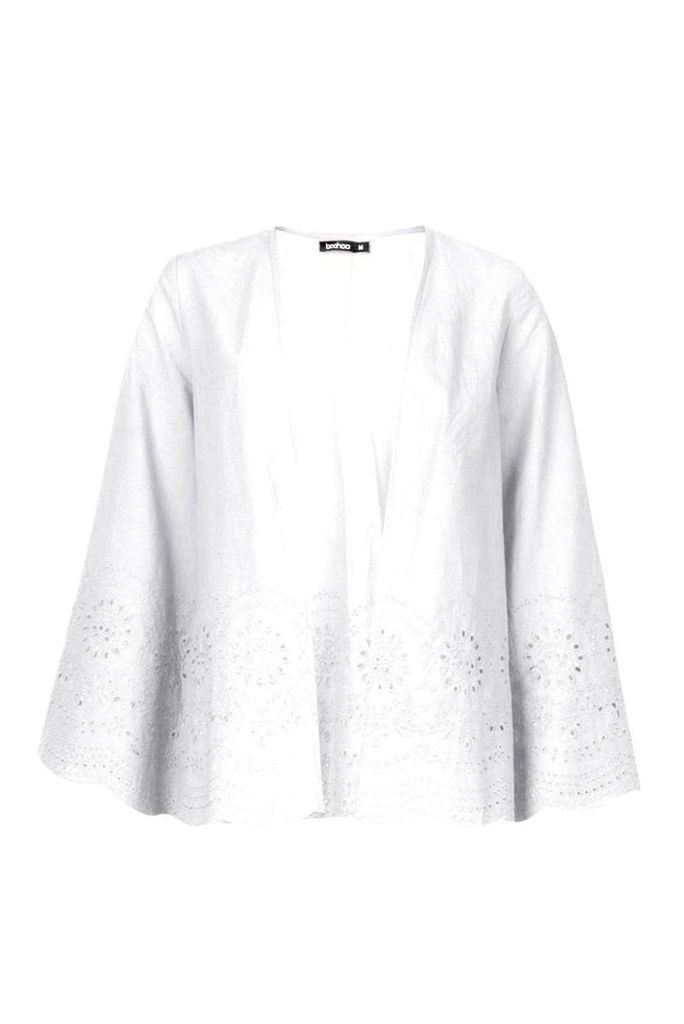 Womens Broderie Anglaise Flare Sleeve Kimono - white - M, White