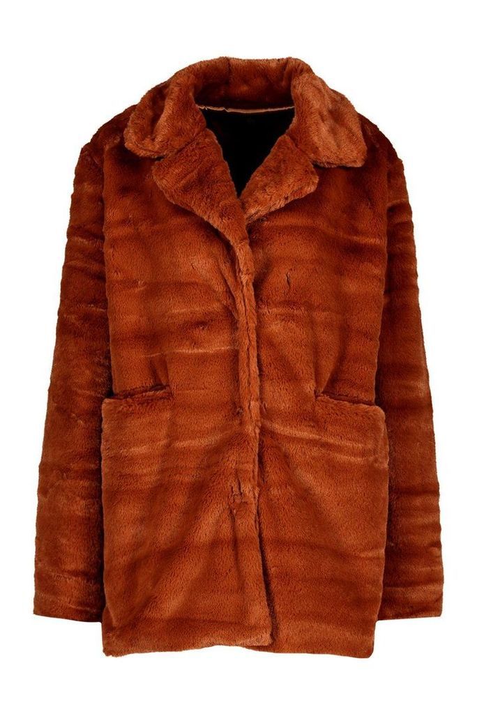 Womens Pocket Detail Faux Fur Coat - orange - 14, Orange