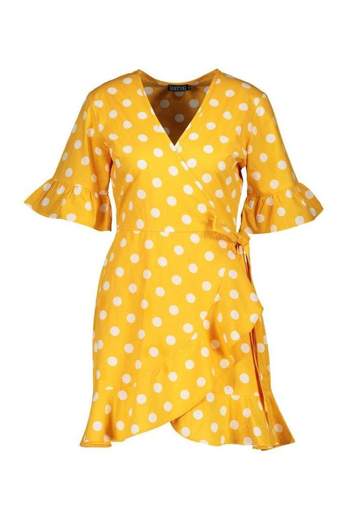 Womens Linen Woven Spot Tie Ruffle Tea Dress - yellow - 8, Yellow