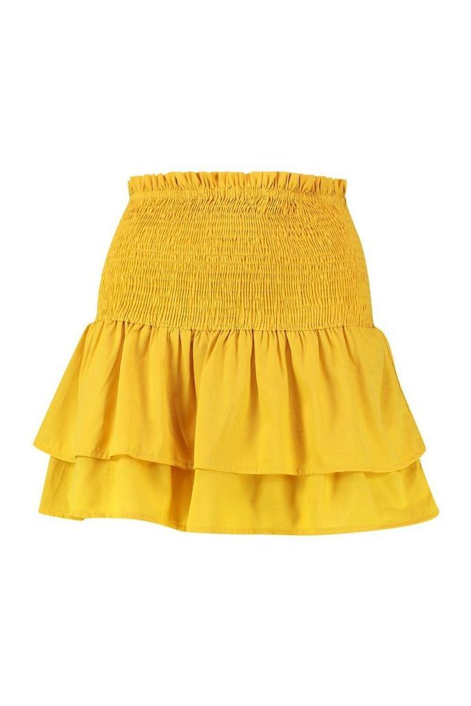 Womens Shirred Woven Double Layer Ra Ra Skirt - yellow - 12, Yellow