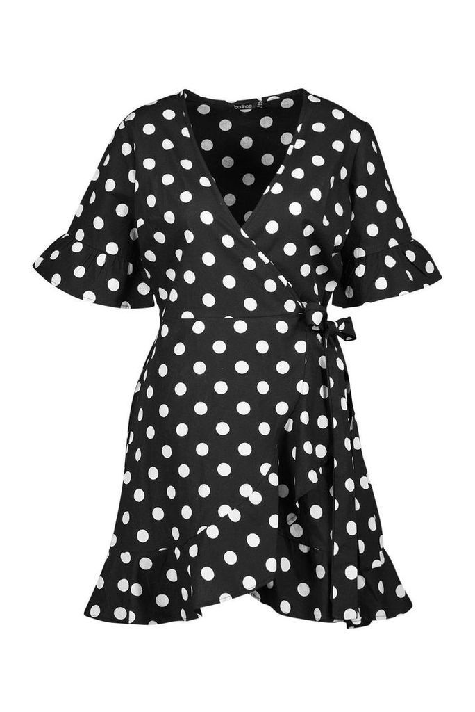 Womens Linen Woven Spot Tie Ruffle Tea Dress - black - 8, Black
