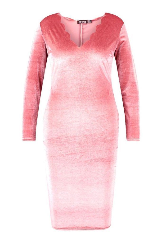 Womens Plus Velvet Scallop Edge Bodycon Dress - pink - 16, Pink