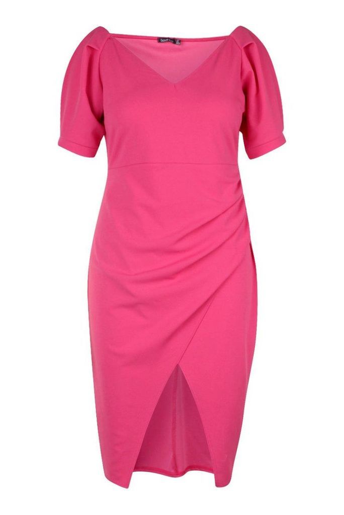 Womens Plus Puff Sleeve Wrap Mini Dress - Pink - 20, Pink