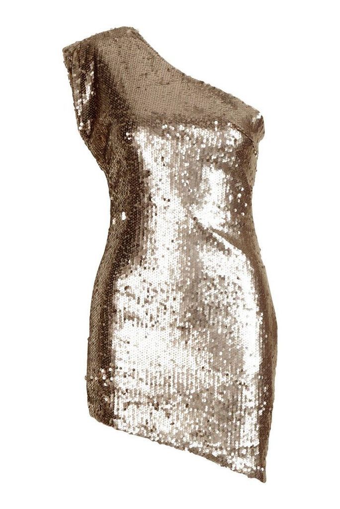 Womens Petite One Shoulder Sequin Bodycon Mini Dress - brown - 14, Brown