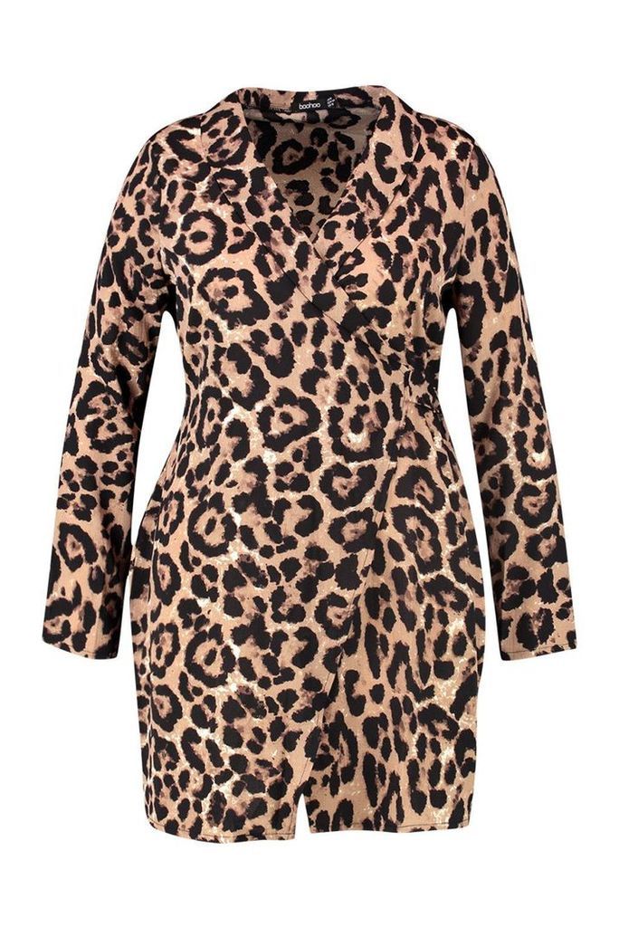 Womens Plus Leopard Print Wrap Shirt Dress - brown - 16, Brown