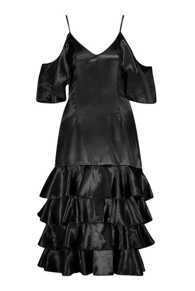 Womens Petite Ruffle Hem Cold Shoulder Satin Dress - black - 6, Black
