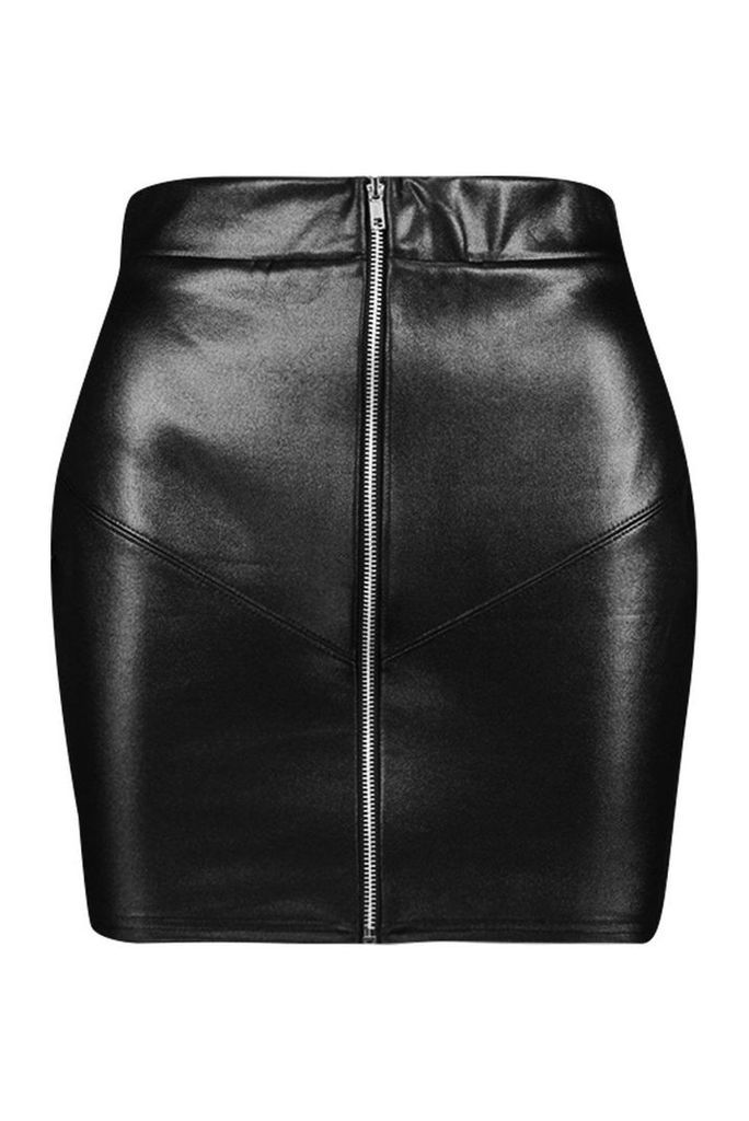 Womens Petite Zip Front PU Mini Skirt - black - 10, Black